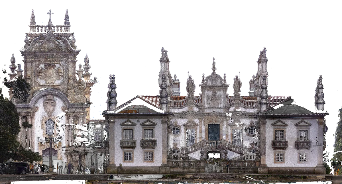West elevation of the house and the chapel. Orthographic projection of the point cloud, with no perspective: each pixel is the nearest measured point.