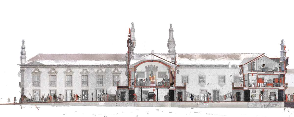 Longitudinal section along the axis of the house, looking north. From left to right: the courtyard of honour (the north wing behind it), the central wing with the ground-floor passage and the vestibule of the main floor, the inner courtyard and the east wing. In red, what the section plane cuts through.