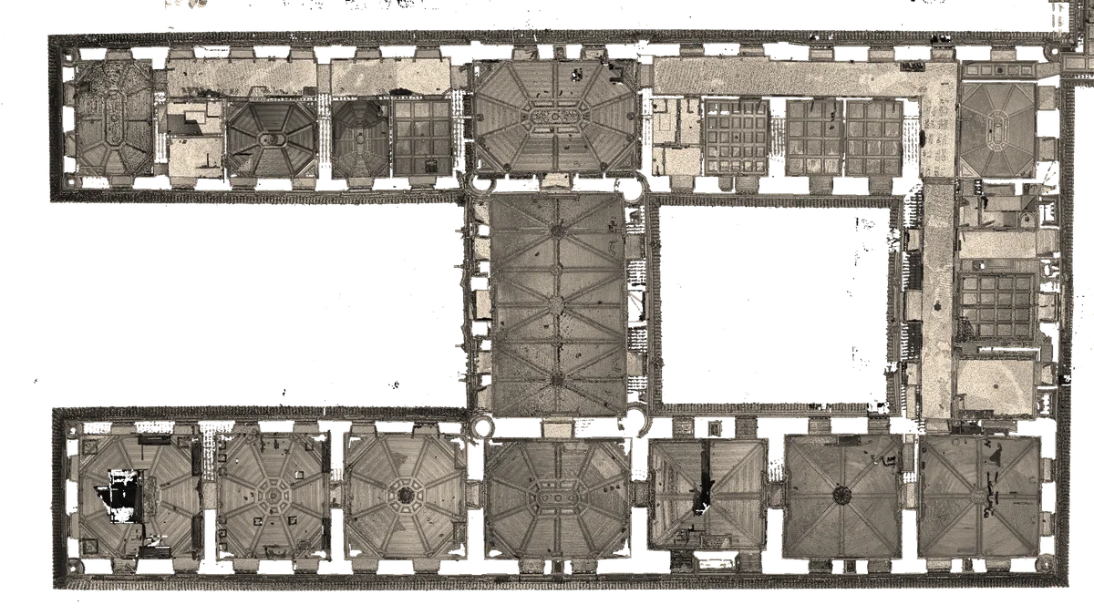 Reflected ceiling plan of the main floor: the timber ceilings, coved, octagonal and coffered, seen from below and folded down onto the plan. In the centre, the false groin vault of the vestibule.